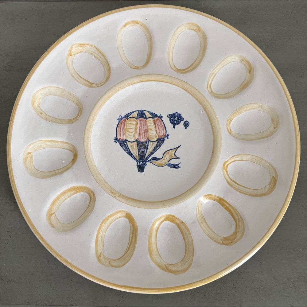 Louisville Stoneware Vintage 1980 Deviled Egg Platter Plate Hot Air Balloons